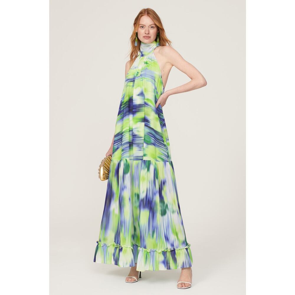 ONE33 SOCIAL Green Blue Watercolor Abstract Halter Neck Tie Dye Dress Gown SZ 4